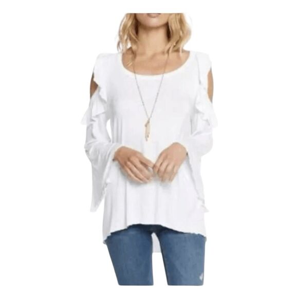Chaser Ruffle Cold Shoulder Top White Cotton Knit Bell Long Sleeve S - Picture 1 of 6